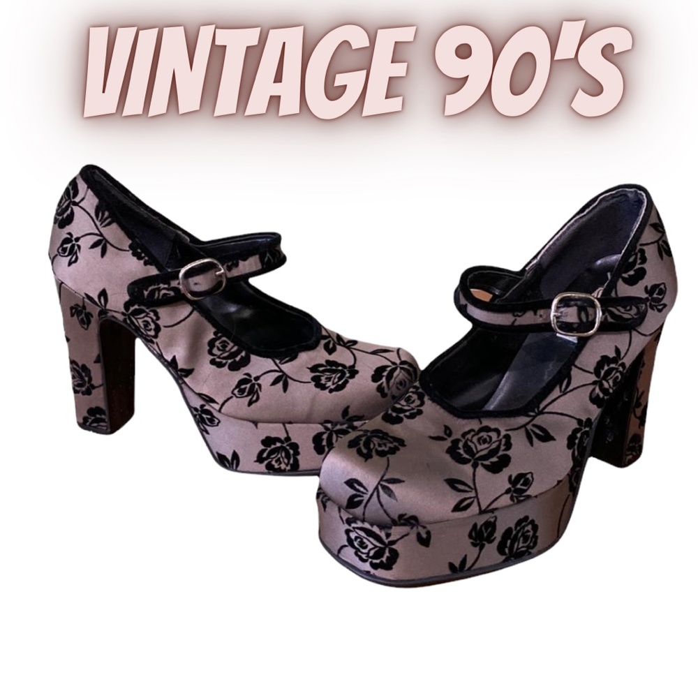 Vintage 90s Taupe Satin With  Velvet Floral Print Chunky Heeled Maryjanes